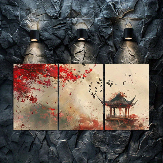 3pcs Chinese Landscape Painting Illustration Wall Art Set Canvas Framed 50x70cm - High Quality Print 100% Australian Made Wall Canvas Ready to Hang