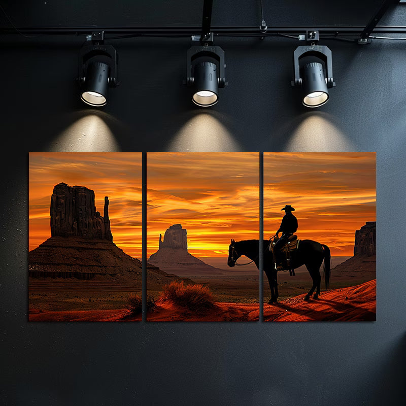 3pcs Cowboy on Horseback in The Foreground Wall Art Set Canvas Framed 40x60cm - High Quality Print 100% Australian Made Wall Canvas Ready to Hang