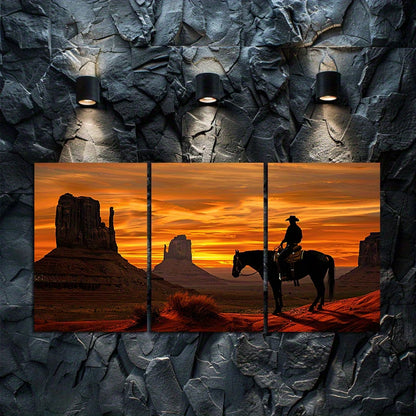3pcs Cowboy on Horseback in The Foreground Wall Art Set Canvas Framed 60x90cm - High Quality Print 100% Australian Made Wall Canvas Ready to Hang