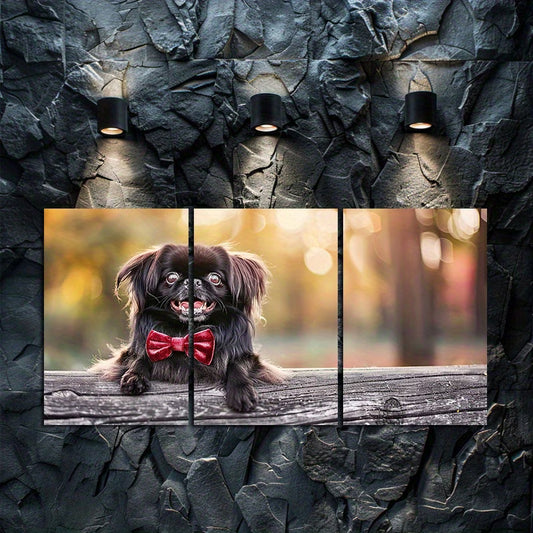 3pcs Cute Pekingese Dog Wearing A Red Velvet Bow Wall Art Set Canvas Framed 60x90cm - High Quality Print 100% Australian Made Wall Canvas Ready to Hang