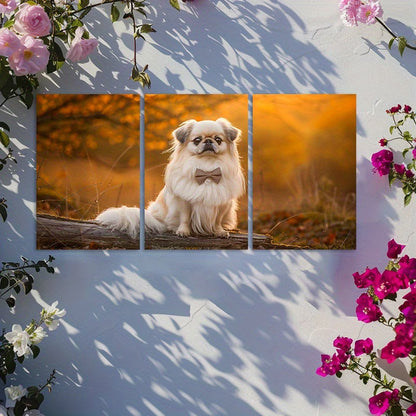 3pcs Pekingese Dog on Log Forest Scene Wall Art Set Canvas Framed 60x90cm - High Quality Print 100% Australian Made Wall Canvas Ready to Hang