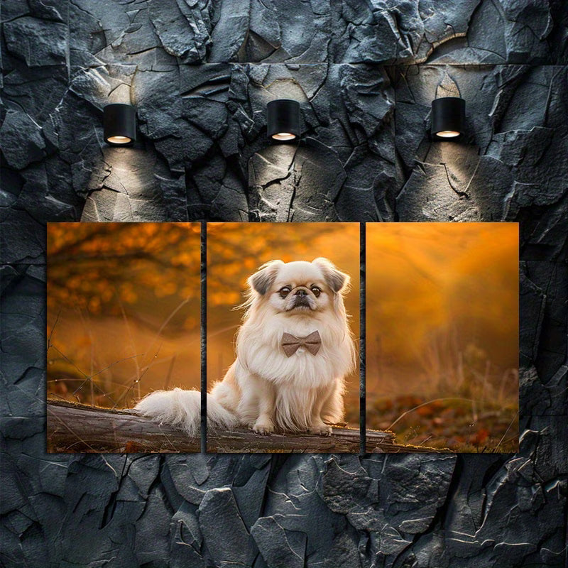 3pcs Pekingese Dog on Log Forest Scene Wall Art Set Canvas Framed 60x90cm - High Quality Print 100% Australian Made Wall Canvas Ready to Hang