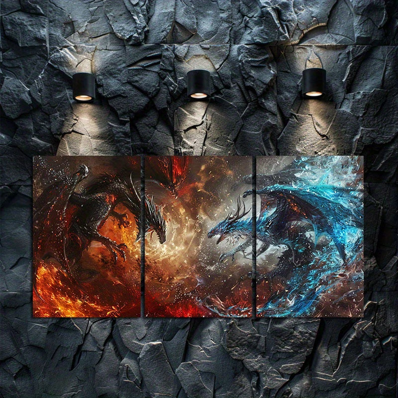 3pcs Fantasy Dragons Battle Design Wall Art Set Canvas Framed 60x90cm - High Quality Print 100% Australian Made Wall Canvas Ready to Hang