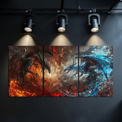 3pcs Fantasy Dragons Battle Design Wall Art Set Canvas Framed 60x90cm - High Quality Print 100% Australian Made Wall Canvas Ready to Hang
