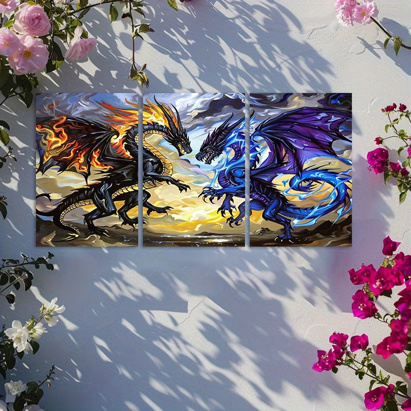 3pcs Fantasy Dragon Battle Illustration Wall Art Set Canvas Framed 40x60cm - High Quality Print 100% Australian Made Wall Canvas Ready to Hang