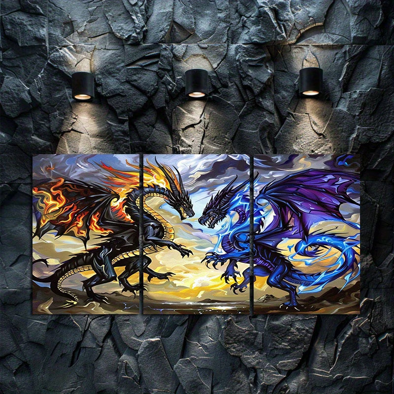 3pcs Fantasy Dragon Battle Illustration Wall Art Set Canvas Framed 40x60cm - High Quality Print 100% Australian Made Wall Canvas Ready to Hang