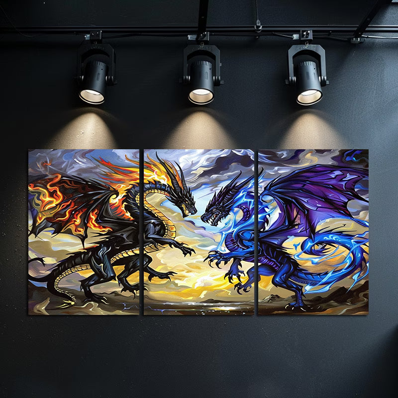 3pcs Fantasy Dragon Battle Illustration Wall Art Set Canvas Framed 40x60cm - High Quality Print 100% Australian Made Wall Canvas Ready to Hang