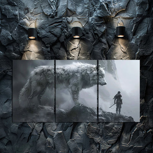 3pcs Adventurer and Mythical Wolf Fantasy Design Wall Art Set Canvas Framed 60x90cm - High Quality Print 100% Australian Made Wall Canvas Ready to Hang