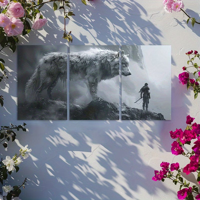 3pcs Adventurer and Mythical Wolf Fantasy Design Wall Art Set Canvas Framed 60x90cm - High Quality Print 100% Australian Made Wall Canvas Ready to Hang