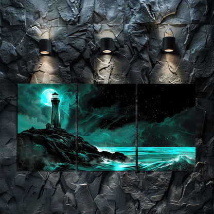 3pcs Mystical Teal Moon & Lighthouse Design Wall Art Set Canvas Framed 50x70cm - High Quality Print 100% Australian Made Wall Canvas Ready to Hang