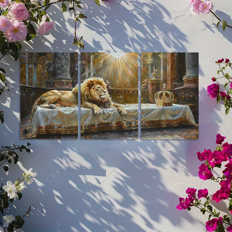 3pcs Majestic Lion with Golden Crown Wall Art Set Canvas Framed 50x70cm - High Quality Print 100% Australian Made Wall Canvas Ready to Hang