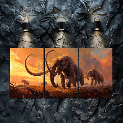 3pcs Mammoth Migration Saber-Toothed Tiger Scene Wall Art Set Canvas Framed 40x60cm - High Quality Print 100% Australian Made Wall Canvas Ready to Hang