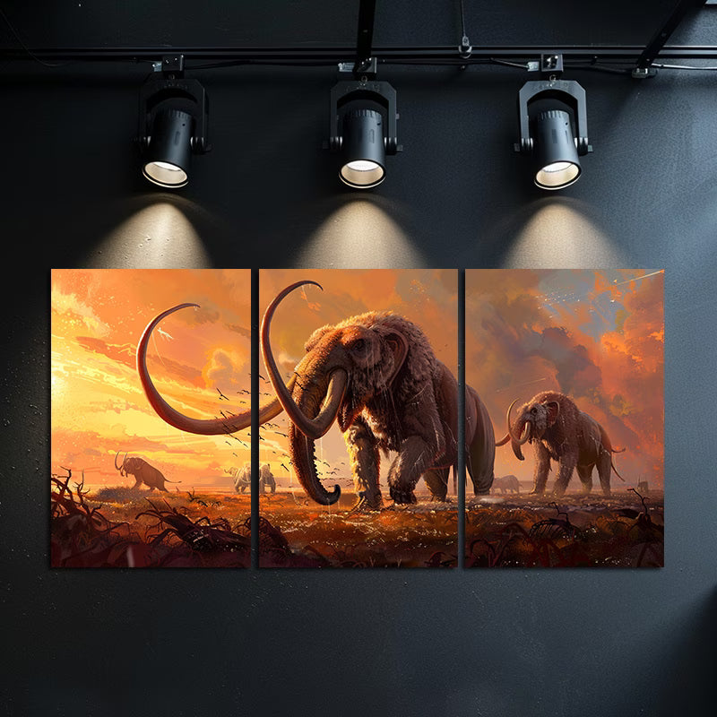 3pcs Mammoth Migration Saber-Toothed Tiger Scene Wall Art Set Canvas Framed 40x60cm - High Quality Print 100% Australian Made Wall Canvas Ready to Hang