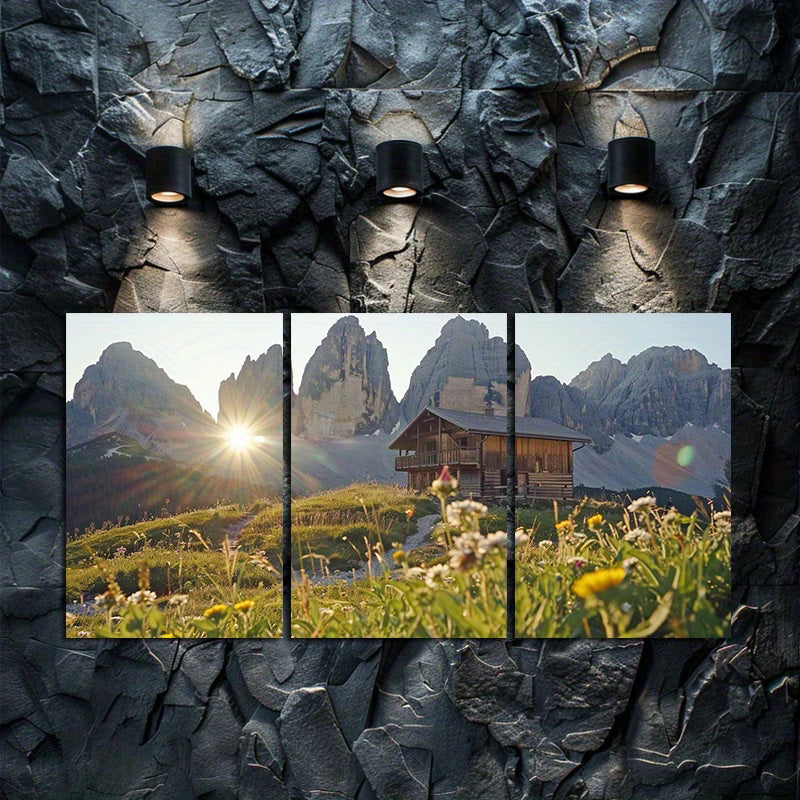 3pcs Alpine Meadow & Mountain Hut Wall Art Set Canvas Framed 50x70cm - High Quality Print 100% Australian Made Wall Canvas Ready to Hang