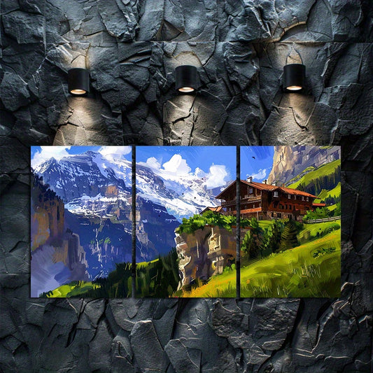 3pcs Large Mountain Hut in The Swiss Mountains Wall Art Set Canvas Framed 50x70cm - High Quality Print 100% Australian Made Wall Canvas Ready to Hang