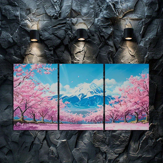 3pcs Cherry Blossom Japanese Mount Fuji Scenery Wall Art Set Canvas Framed 60x90cm - High Quality Print 100% Australian Made Wall Canvas Ready to Hang