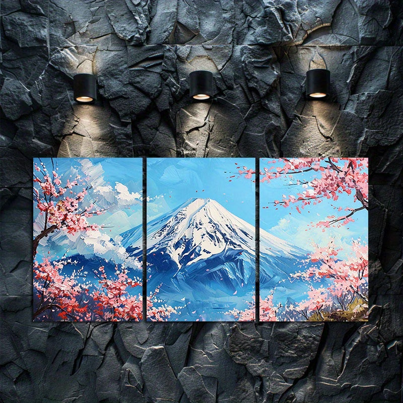 3pcs Snowcapped Mountain & Cherry Blossoms Wall Art Set Canvas Framed 50x70cm - High Quality Print 100% Australian Made Wall Canvas Ready to Hang