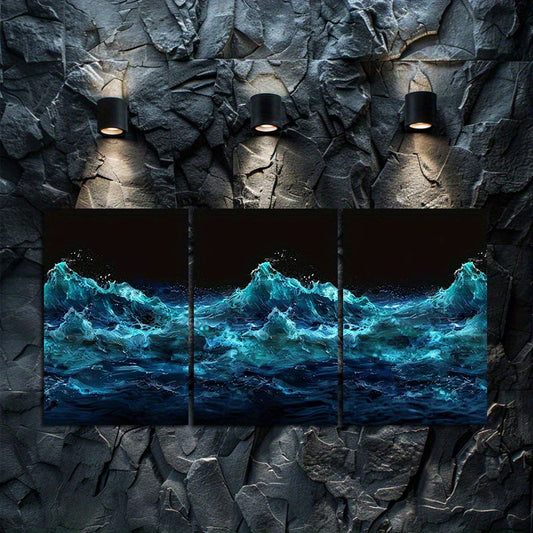 3pcs Ocean Wave Blue and Black Lighting Design Wall Art Set Canvas Framed 60x90cm - High Quality Print 100% Australian Made Wall Canvas Ready to Hang