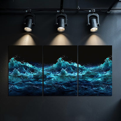 3pcs Ocean Wave Blue and Black Lighting Design Wall Art Set Canvas Framed 60x90cm - High Quality Print 100% Australian Made Wall Canvas Ready to Hang