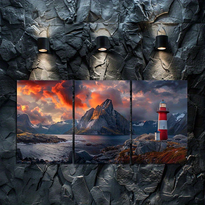 3pcs Majestic Norwegian Lighthouse Landscape Wall Art Set Canvas Framed 60x90cm - High Quality Print 100% Australian Made Wall Canvas Ready to Hang
