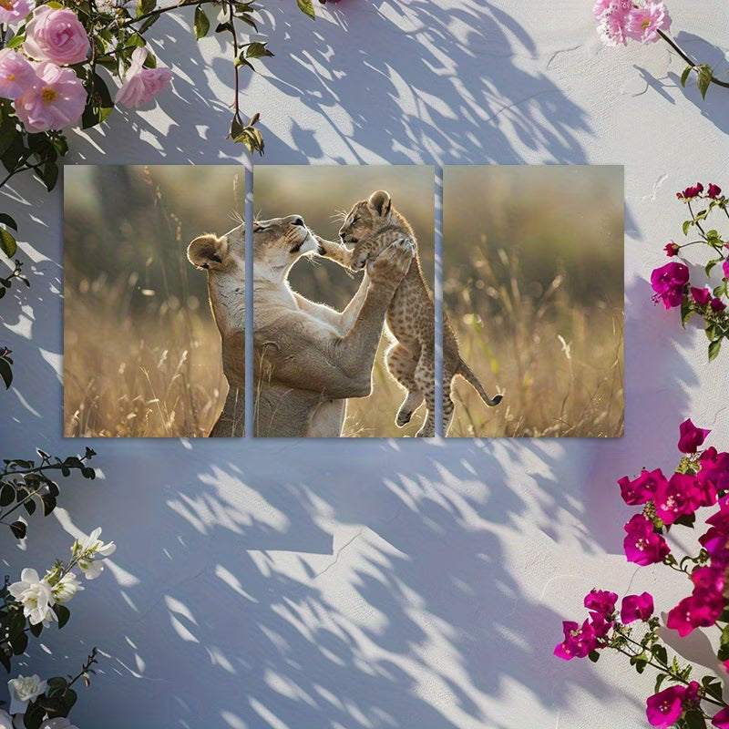 3pcs Lioness and Cub Wildlife Wall Art Set Canvas Framed 50x70cm - High Quality Print 100% Australian Made Wall Canvas Ready to Hang