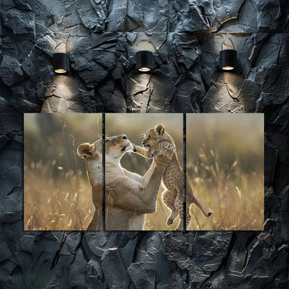 3pcs Lioness and Cub Wildlife Wall Art Set Canvas Framed 50x70cm - High Quality Print 100% Australian Made Wall Canvas Ready to Hang