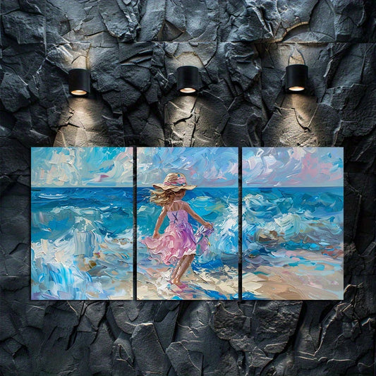3pcs Girl in Pink Running on The Beach Wall Art Set Canvas Framed 60x90cm - High Quality Print 100% Australian Made Wall Canvas Ready to Hang