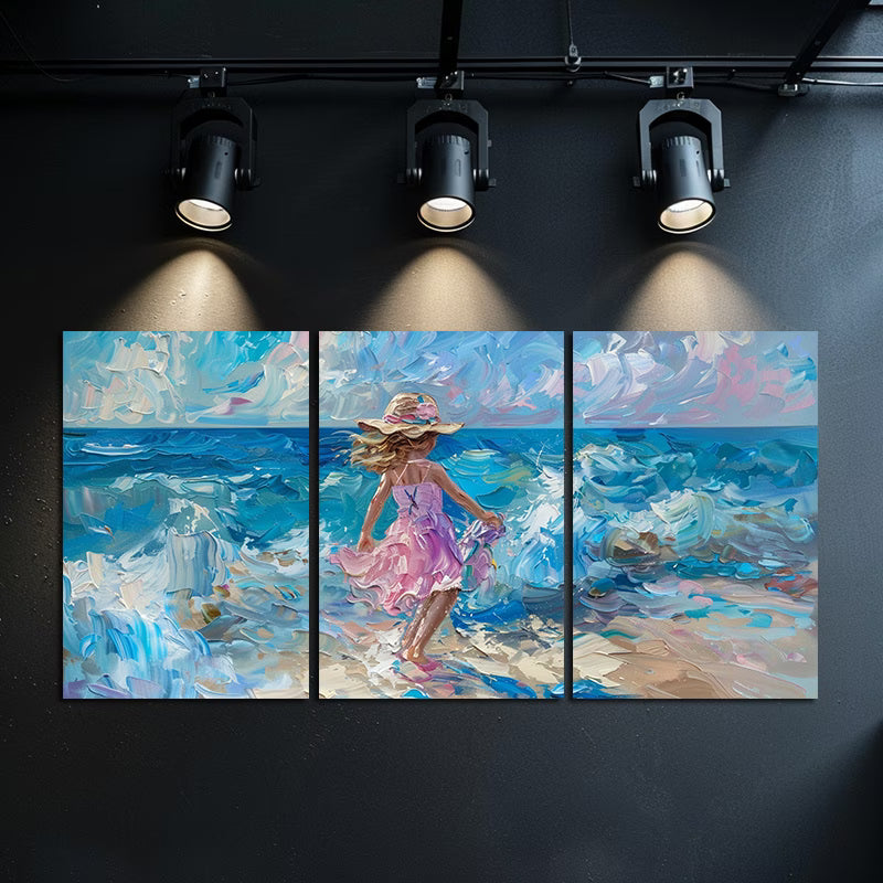 3pcs Girl in Pink Running on The Beach Wall Art Set Canvas Framed 40x60cm - High Quality Print 100% Australian Made Wall Canvas Ready to Hang