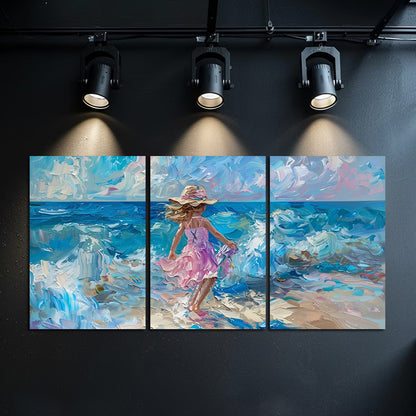 3pcs Girl in Pink Running on The Beach Wall Art Set Canvas Framed 40x60cm - High Quality Print 100% Australian Made Wall Canvas Ready to Hang