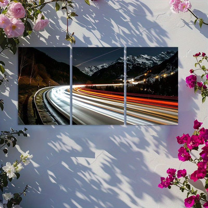 3pcs Winter Alpine Road Scene with Car Lights Wall Art Set Canvas Framed 50x70cm - High Quality Print 100% Australian Made Wall Canvas Ready to Hang