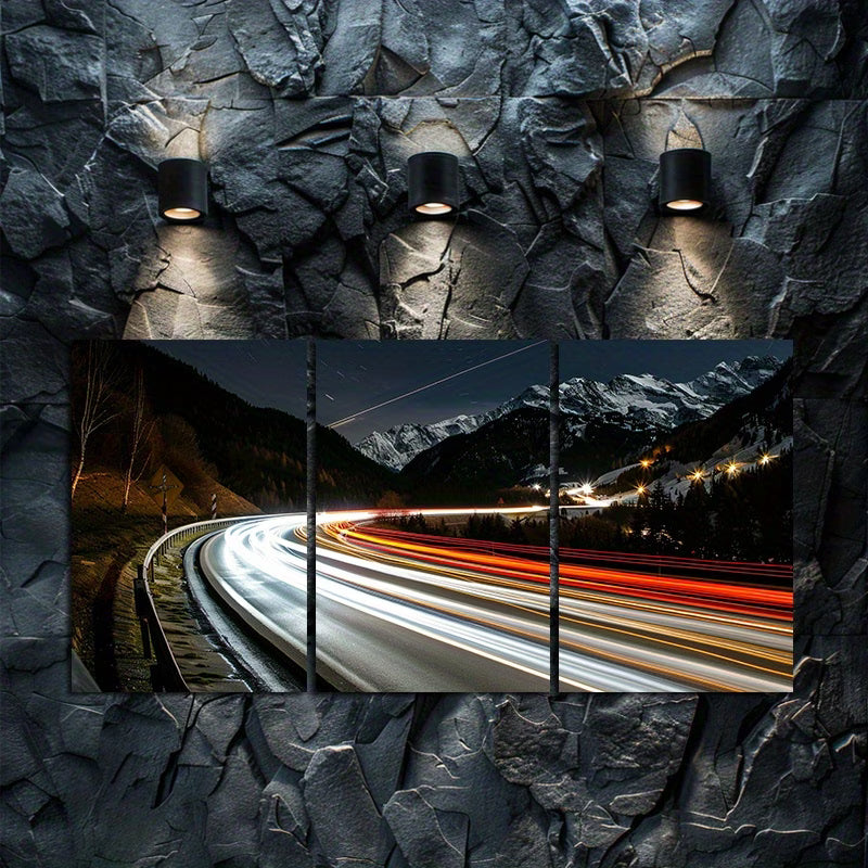 3pcs Winter Alpine Road Scene with Car Lights Wall Art Set Canvas Framed 50x70cm - High Quality Print 100% Australian Made Wall Canvas Ready to Hang