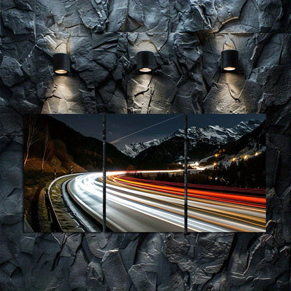 3pcs Winter Alpine Road Scene with Car Lights Wall Art Set Canvas Framed 50x70cm - High Quality Print 100% Australian Made Wall Canvas Ready to Hang