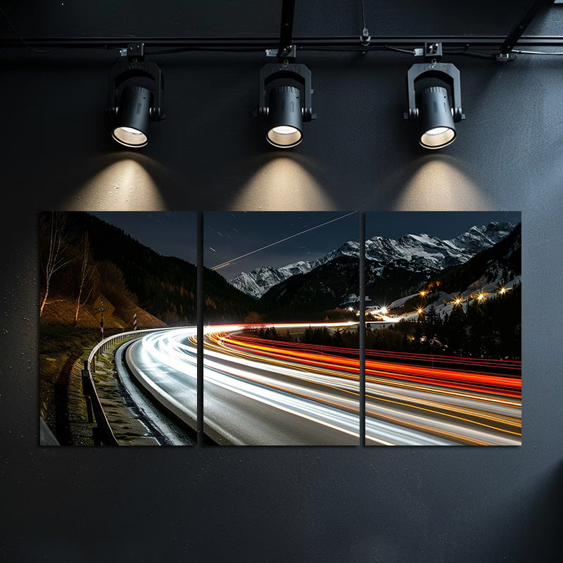 3pcs Winter Alpine Road Scene with Car Lights Wall Art Set Canvas Framed 50x70cm - High Quality Print 100% Australian Made Wall Canvas Ready to Hang
