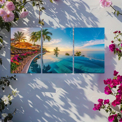 3pcs Luxury Hotel Infinity Pool Ocean View Wall Art Set Canvas Framed 50x70cm - High Quality Print 100% Australian Made Wall Canvas Ready to Hang