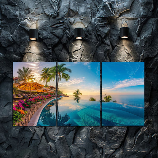 3pcs Luxury Hotel Infinity Pool Ocean View Wall Art Set Canvas Framed 50x70cm - High Quality Print 100% Australian Made Wall Canvas Ready to Hang