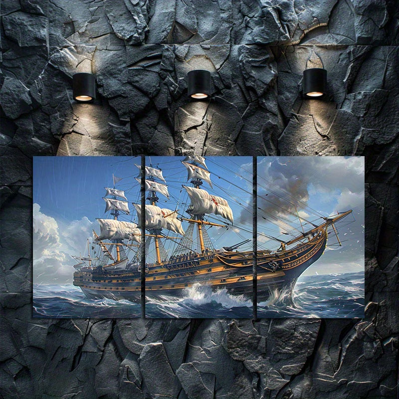 3pcs Maritime Frigate Sea Adventure Wall Art Set Canvas Framed 40x60cm - High Quality Print 100% Australian Made Wall Canvas Ready to Hang