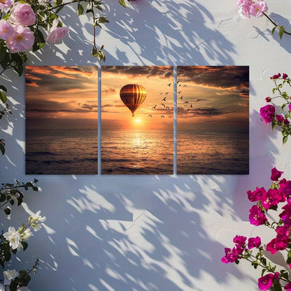3pcs Hot Air Balloon Soaring Above Vast Ocean Wall Art Set Canvas Framed 60x90cm - High Quality Print 100% Australian Made Wall Canvas Ready to Hang