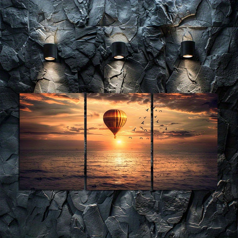 3pcs Hot Air Balloon Soaring Above Vast Ocean Wall Art Set Canvas Framed 60x90cm - High Quality Print 100% Australian Made Wall Canvas Ready to Hang