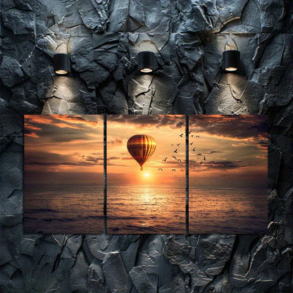 3pcs Hot Air Balloon Soaring Above Vast Ocean Wall Art Set Canvas Framed 60x90cm - High Quality Print 100% Australian Made Wall Canvas Ready to Hang