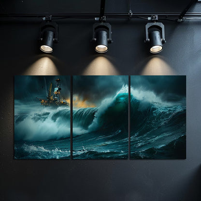 3pcs Ocean Wave and Oil Rig Scene Wall Art Set Canvas Framed 60x90cm - High Quality Print 100% Australian Made Wall Canvas Ready to Hang
