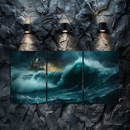 3pcs Ocean Wave and Oil Rig Scene Wall Art Set Canvas Framed 60x90cm - High Quality Print 100% Australian Made Wall Canvas Ready to Hang