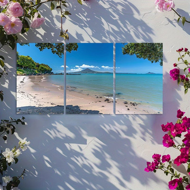 3pcs Tropical Beach & Mount Rangitoto Wall Art Set Canvas Framed 50x70cm - High Quality Print 100% Australian Made Wall Canvas Ready to Hang