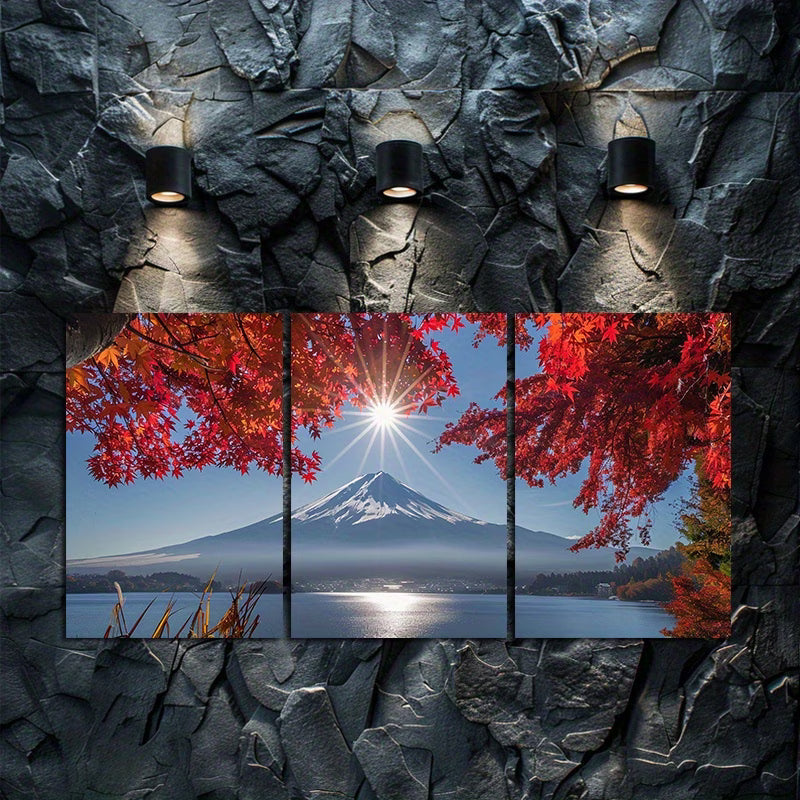 3pcs Beautiful Mount Fuji with Red Maple Leaves Wall Art Set Canvas Framed 60x90cm - High Quality Print 100% Australian Made Wall Canvas Ready to Hang