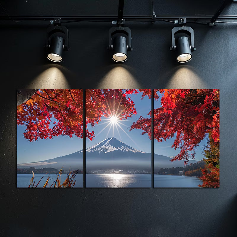 3pcs Beautiful Mount Fuji with Red Maple Leaves Wall Art Set Canvas Framed 60x90cm - High Quality Print 100% Australian Made Wall Canvas Ready to Hang