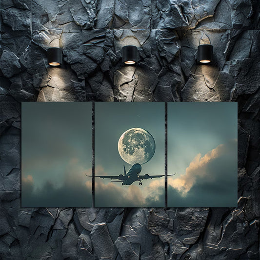 3pcs Airplane and Full Moon Over Clouds Wall Art Set Canvas Framed 40x60cm - High Quality Print 100% Australian Made Wall Canvas Ready to Hang