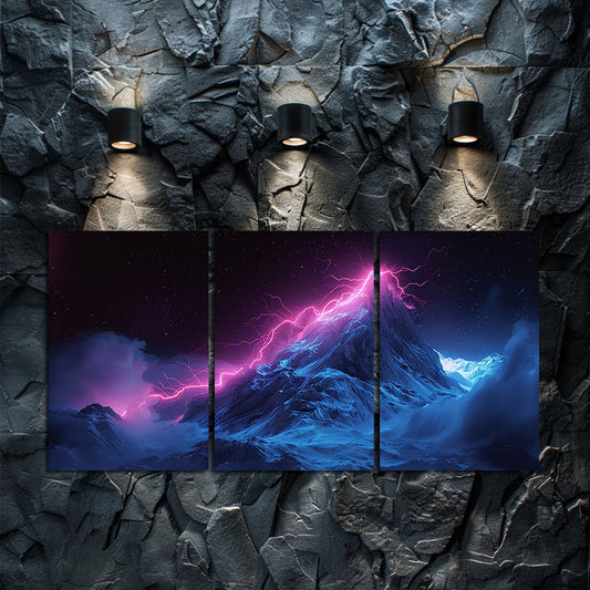 3pcs Pink Lightning Bolt & Ice-Covered Mountain Wall Art Set Canvas Framed 60x90cm - High Quality Print 100% Australian Made Wall Canvas Ready to Hang