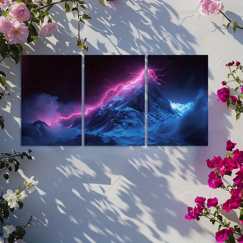 3pcs Pink Lightning Bolt & Ice-Covered Mountain Wall Art Set Canvas Framed 60x90cm - High Quality Print 100% Australian Made Wall Canvas Ready to Hang