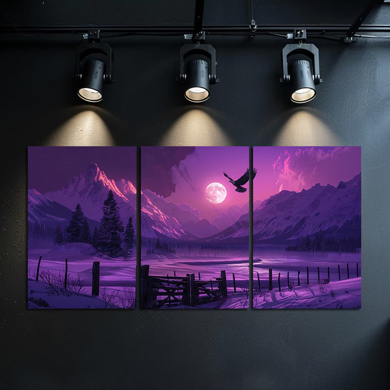 3pcs Purple and Sunset Over The Snowcapped Mount Wall Art Set Canvas Framed 60x90cm - High Quality Print 100% Australian Made Wall Canvas Ready to Hang