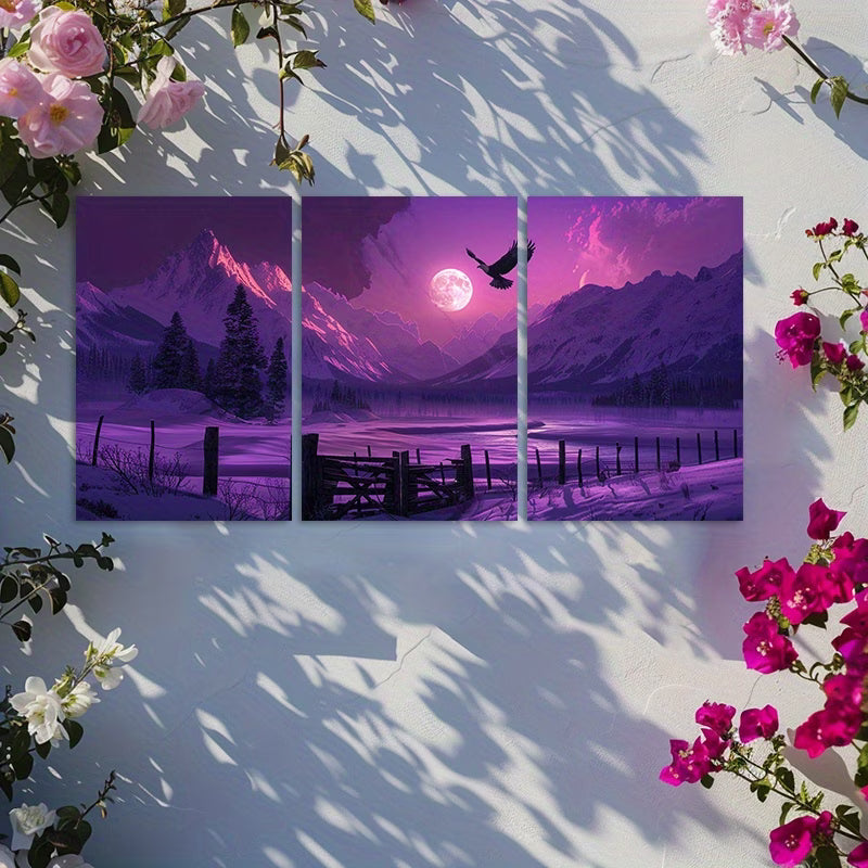 3pcs Purple and Sunset Over The Snowcapped Mount Wall Art Set Canvas Framed 50x70cm - High Quality Print 100% Australian Made Wall Canvas Ready to Hang