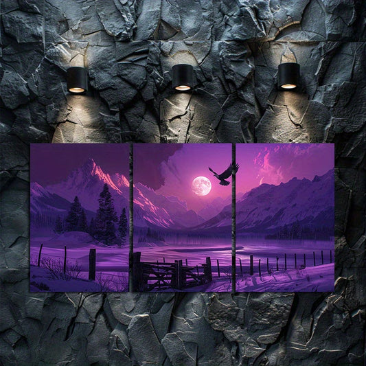 3pcs Purple and Sunset Over The Snowcapped Mount Wall Art Set Canvas Framed 50x70cm - High Quality Print 100% Australian Made Wall Canvas Ready to Hang